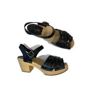 Swedish Hasbeens Black Braided Sky High Peep Toe Wooden Clogs Sandals Size 37